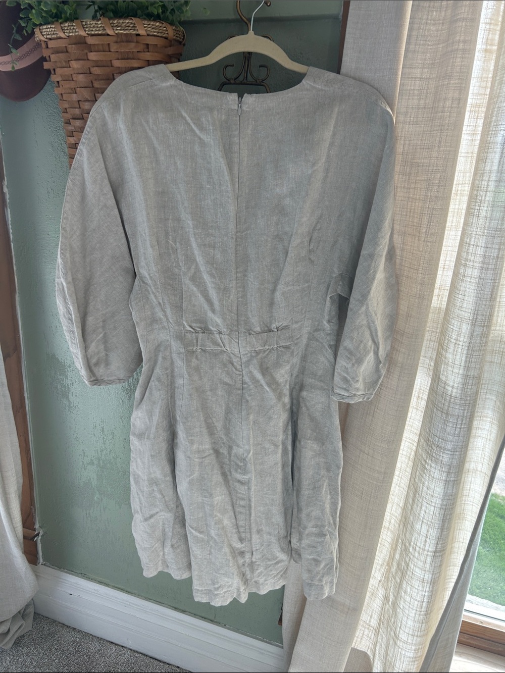 Madewell Khaki Linen Midi dress with V-Notch Neck - Picture 2 of 5